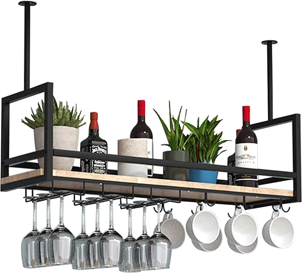 Opbergrekken Zwart, Plafond Wijnglasrekken, IJzeren Massief Houten Wijnrek, Zwevende Planken Voor Keukenbar-restaurant, Met Vangrail/Lengte 31,4/39,3/47,2 In (Size : 120 * 30 * 60cm)