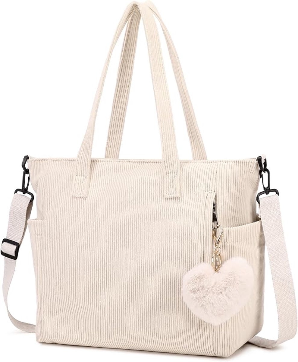 Dames Shopper Schoudertas Beige – Ribfluwelen Handtas met Ritssluiting - Afneembare Schouderriem - Grote A4 Tas voor Werk - School en Dagelijks Gebruik