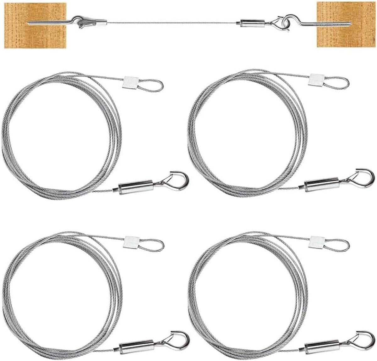 4 stuks roestvrij stalen draadtouw, 1,5 mm x 2 m, roestvrij stalen kabel om op te hangen, stalen kabel met lus ogen en haak, roestvrij staal, spankabel instelbaar draadkabel voor gordijnen,