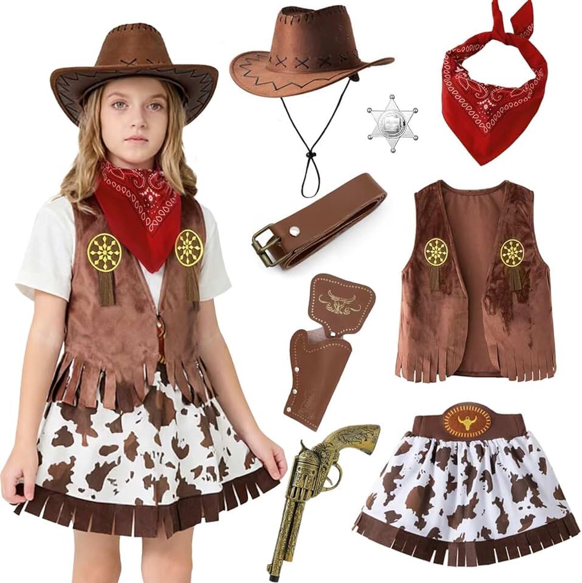 Cowboykostuum voor kinderen, sheriffkostuum voor kinderen, met cowboyhoed, vest, sjaal en cowgirl-accessoires, carnavalskostuum, Halloween, cosplay voor jongens en meisjes