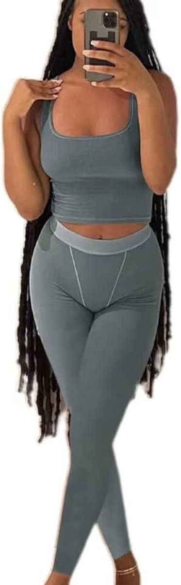 Casual Workout Sets Two Piece Outfits for Women Ribbed Crop Tank Top High Waist Leggings Active Wear (Grey, X-Large)