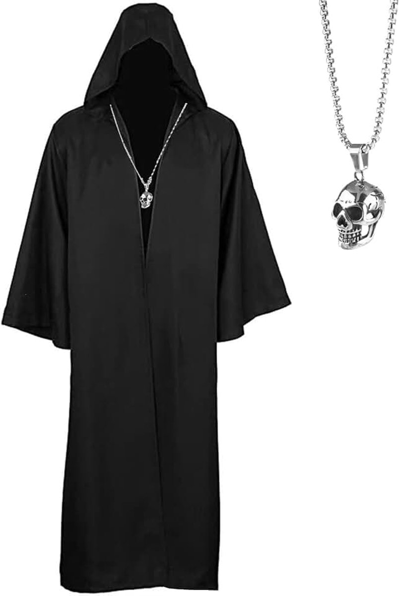 Zwarte Mantel met Kap Mannen, Jedi mantel met doodskop ketting Middeleeuwse Gothic ridder Cape Satijn Mantel Cape, Halloween Carnaval Cosplay Vampier Kostuum