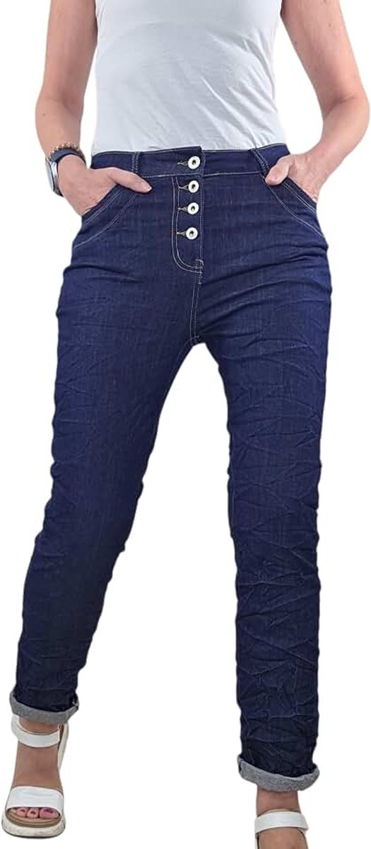 Jeans voor dames, boyfriend broek met knoopsluiting, basic denim broek met 5 zakken