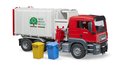 Vuilniswagen met opdruk 'Reuse Reduce Recycle'. Inclusief gele en blauwe afvalbak.