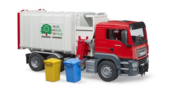 Vuilniswagen met opdruk 'Reuse Reduce Recycle'. Inclusief gele en blauwe afvalbak.