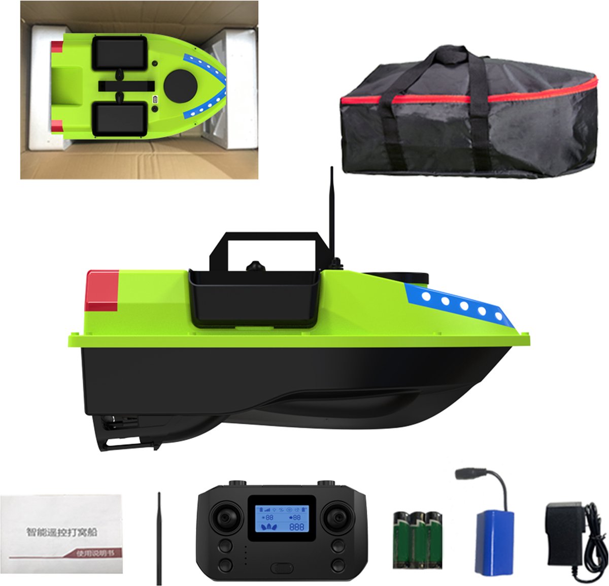 Voerboot – Aas- / visboot - Afstand bestuurbare boot - Karper voerboot - Verlichting – 500 meter bereik – Opbergtas – Karpervissen - Aasboot - Bestuurbare aasboot - 7-kleuren LED-sfeerverlichting - Fluorescerend groen