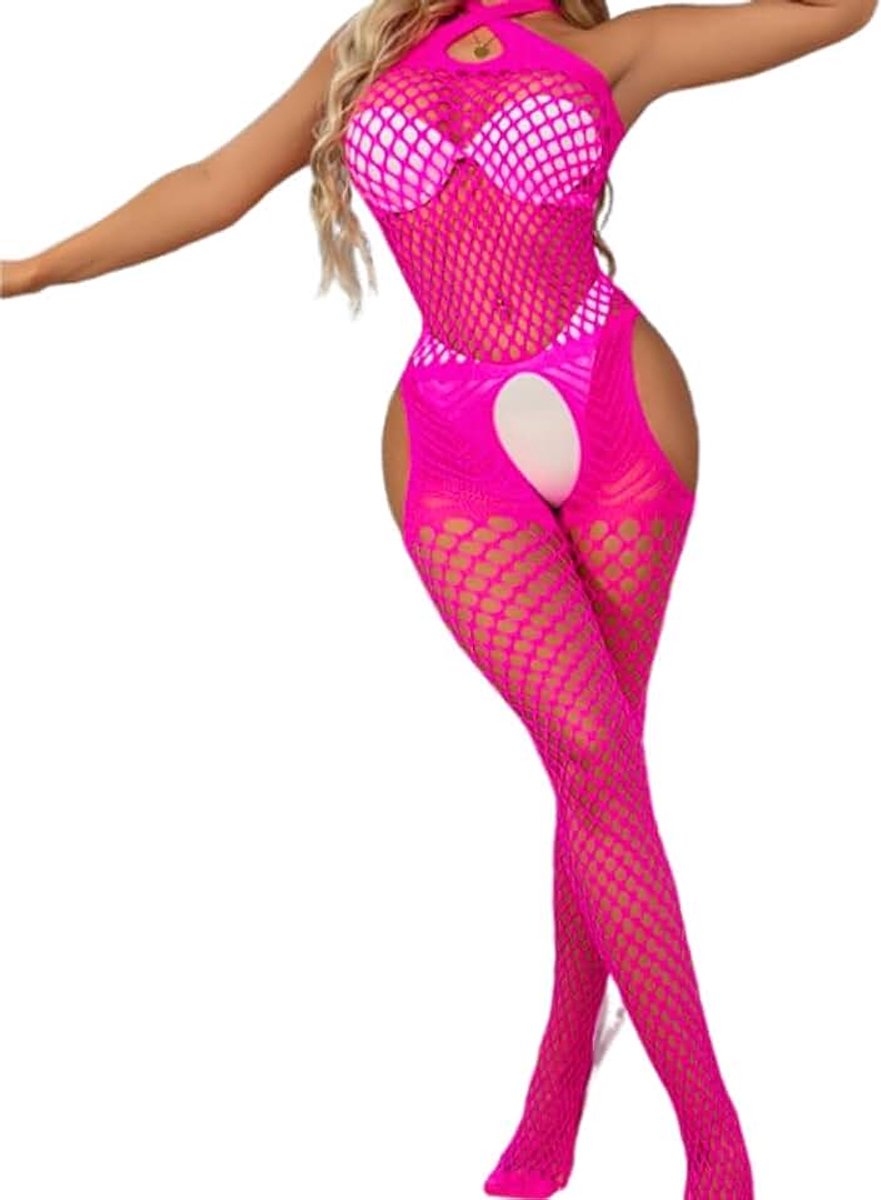 Visnet bodystocking crossover halter bodysuit transparant teddy lingerie mouwloos jumpsuit elastisch prikkelend mesh eendelige panty doorzichtig hol catsuit
