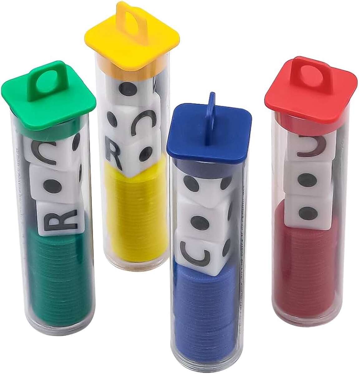 Dobbelspel Volwassenen 4 Buizen Links Midden Rechts 6 Zijdige Ronde Hoek Dobbelstenen Set Leuke LCR Vier Kleuren Spel Dobbelstenen met Dobbelsteenplaats Interactief Familie Kampeerfeest Pic