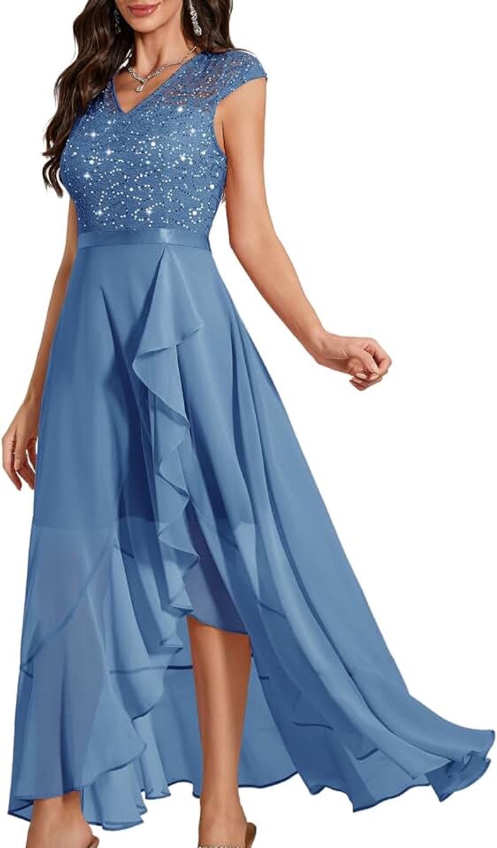 Avondjurk, elegant voor bruiloft, glitterjurk, chiffon, afstudeerjurk, lange feestelijke bruidsjurk, kant, party, cocktailjurk