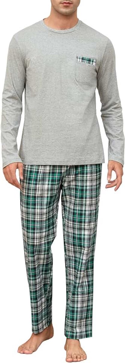 Pyjama voor heren, lange pyjama, 100% katoen, lange mouwen, nachtkleding, sleepwear, nachtkleding, set met ronde hals en geruite broek