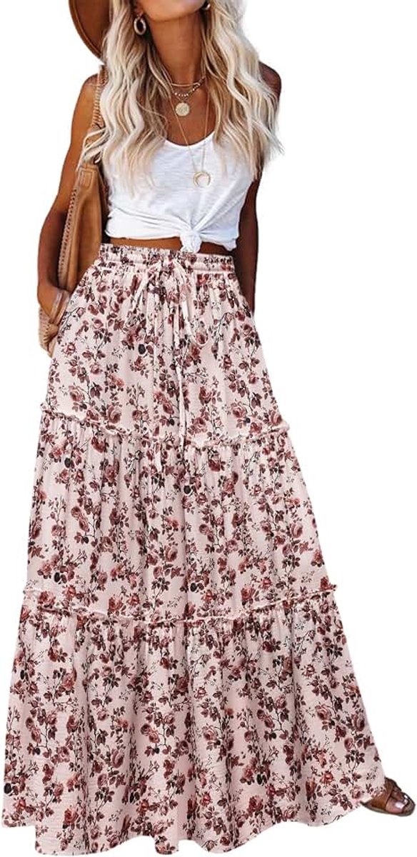 Zomerrok voor dames, hoge taille, elegante maxi-rok met trekkoord | A-lijn gelaagde zomerrok, bloemen, boho-rok, strandrok met zakken, rok voor dagelijks gebruik, vakantie, S-XXL