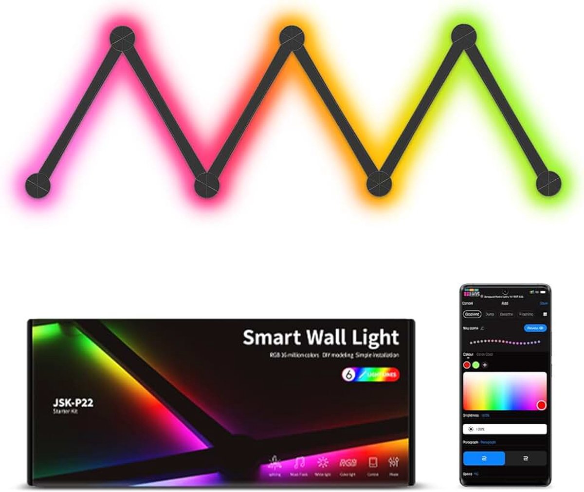 Elice Intelligent wifi-wandlampen, 6 stuks, muzieksynchronisatie, meerkleurig, meer dan 40 dynamische scènes, werkt met Alexa en Google Assistant, interieurdecoratie, led-lightbar voor gaming, party