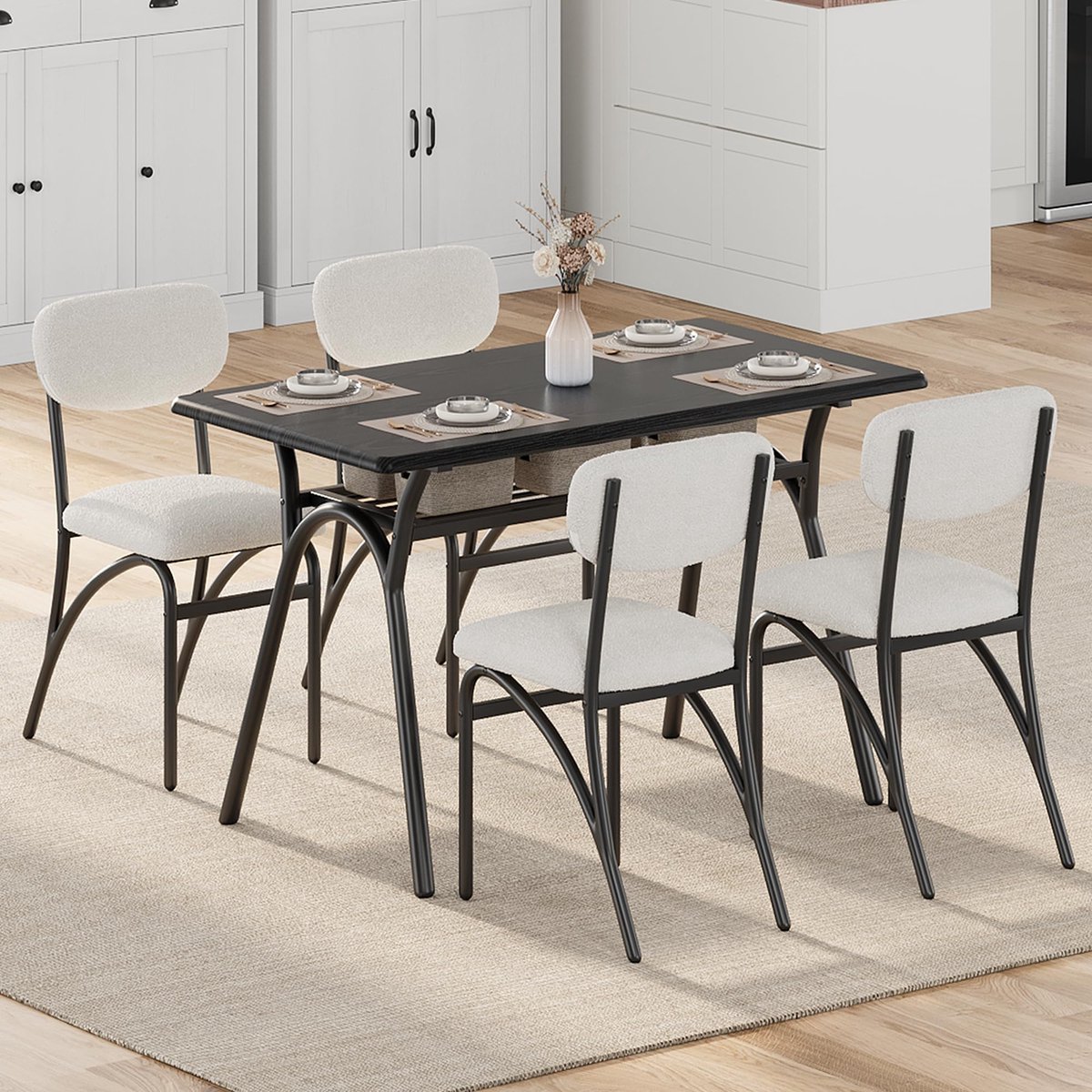 Triumpunpre Eetkamerstoel Set van 4 - Teddy Bouclé Stof - Crème Wit - Metalen Poten - Comfortabele Keukenstoelen
