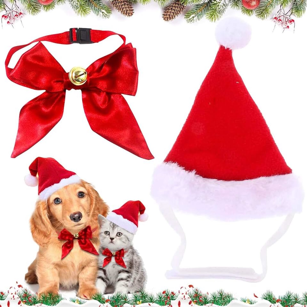 2 stuks Kerstmis hondenkostuum, huisdierkostuum, kerstkleding, kerstmuts en halsband voor hond en kat, rode hond kerstmuts, decoratie, kerstoutfit, cadeau