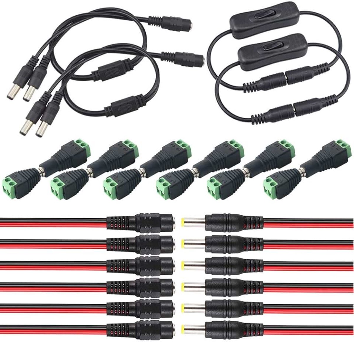 5,5 x 2,1 mm dc Connector Kit: 6 paar Power Mannelijke Adapter + 6 paar Power Pigtail-kabels + 2 inline Schakelkabels + 2 Splitter-kabels