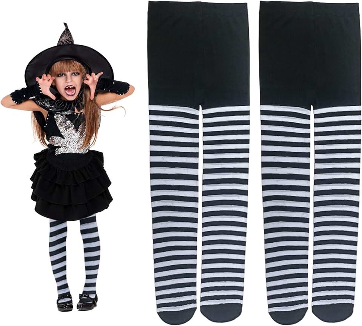 2 paar kinderpanty's, ondoorzichtige panty's voor meisjes en jongens, gestreepte panty, witte en zwarte strepen, heksenpanty voor Halloween, cosplay, party, shows, carnaval