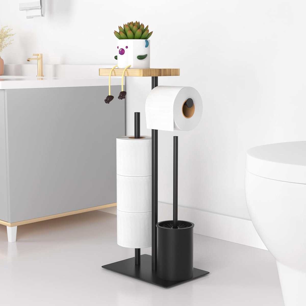 Roestvrijstalen Toiletrolhouder Met Toiletborstel, Vrijstaande Toiletrolhouder, Toiletpapierhouder Met Opbergplank Aan De Bovenkant