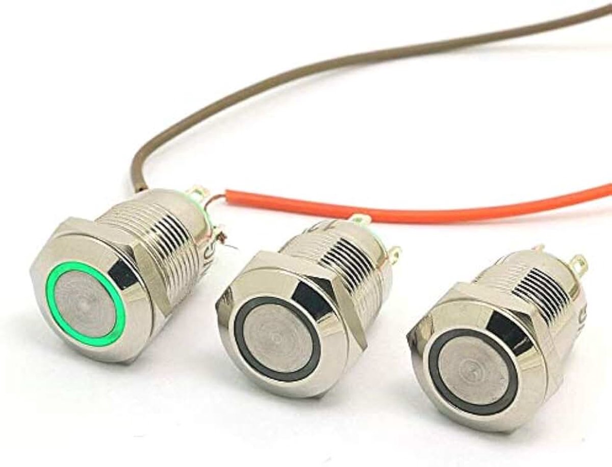 3 Stuks 12 mm Platte Reset Knop Schakelaar 12V DC Angel Eye LED Waterdicht Roestvrij Staal Ronde Lichtschakelaar - Groen
