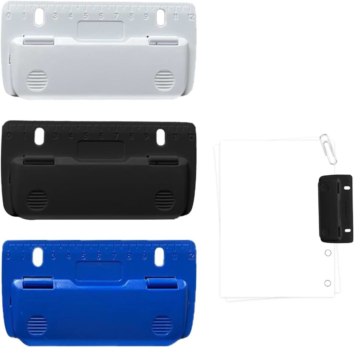 3 stuks zakperforatoren, zakperforator van kunststof, platte zakperforator, mini-zakperforator, gattang voor documenten, perforator voor school, kantoor