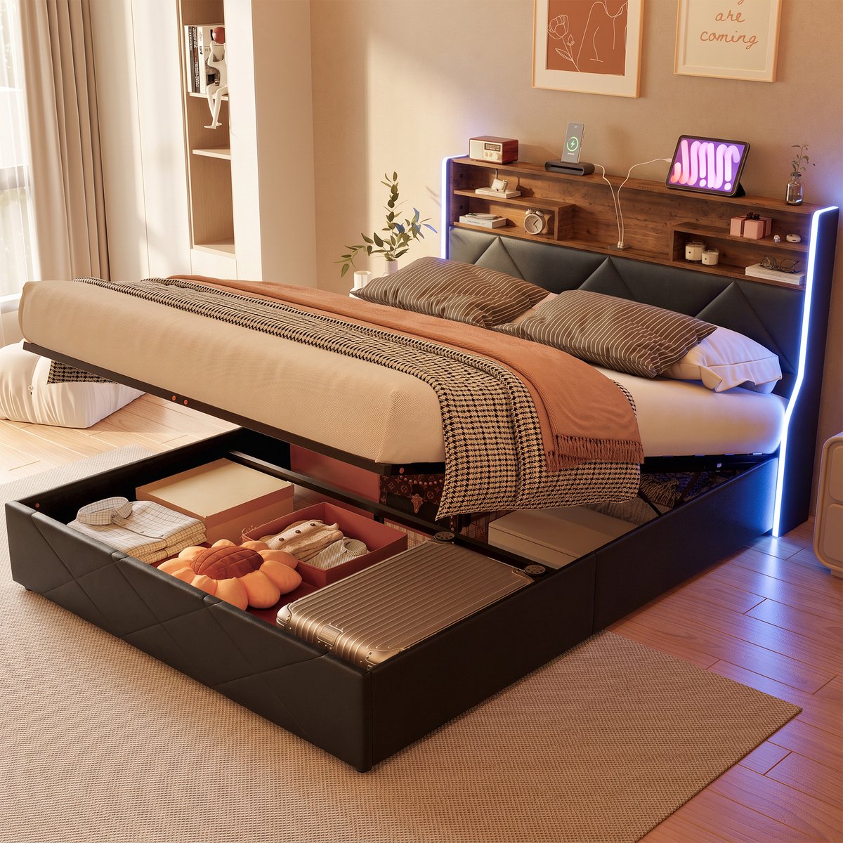 Gestoffeerd bed 160x200 cm met LED en USB, Tweepersoonsbed met opbergruimte en lattenbodem, Opbergbed bedframe met hydraulische opbergbox, PU Zwart, zonder matras