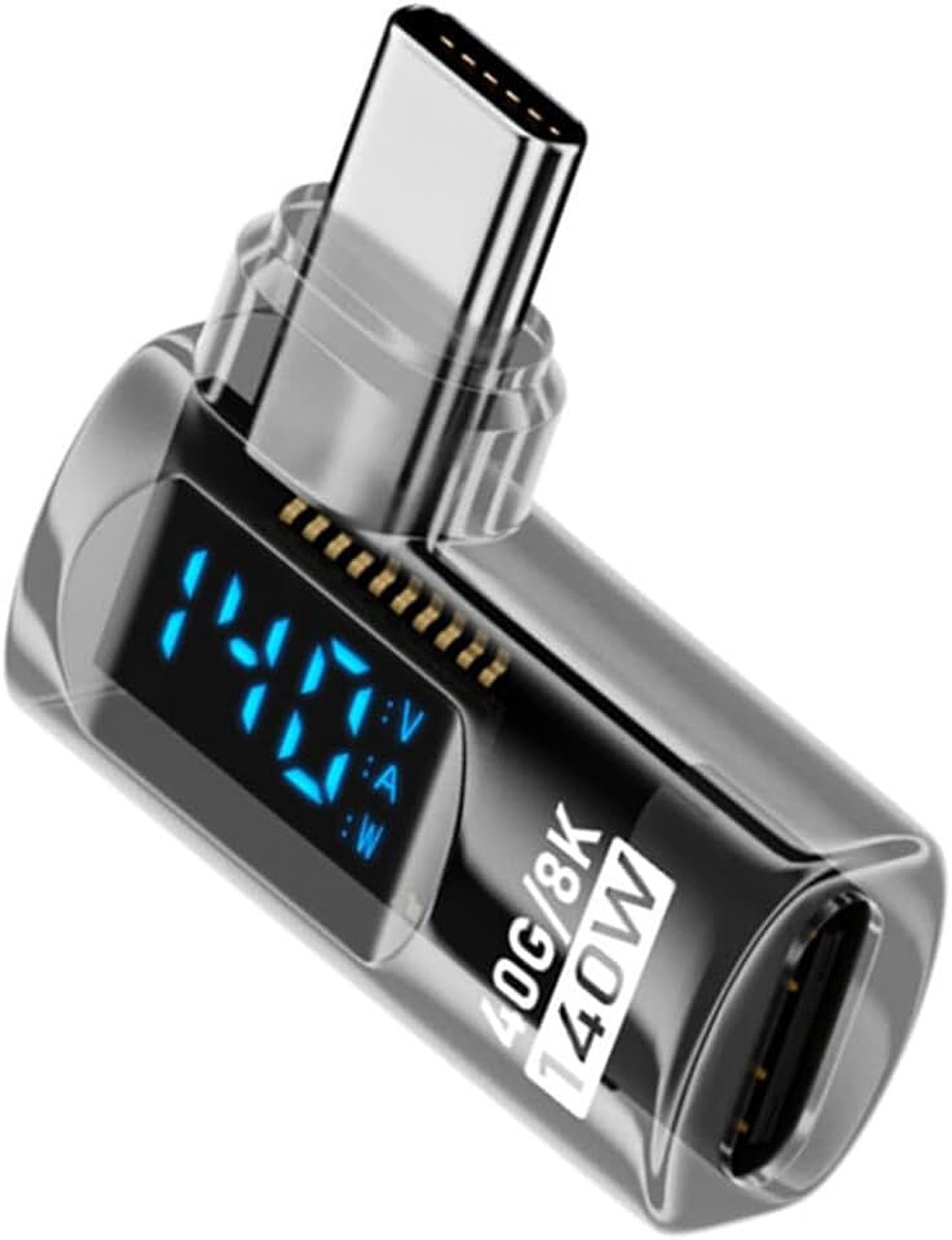 Type-C USB-C Male naar Female verlengadapter met slim LED-display, transparante stroom- en spanningsweergave, USB 4.0 40 Gbps 140 W, links/rechts haaks (90 graden),