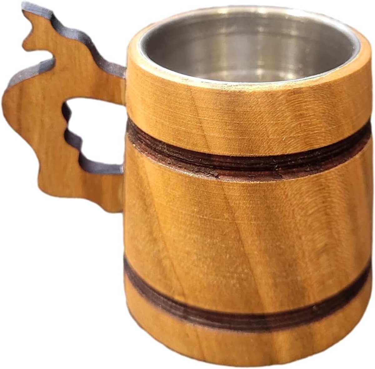 World - Premium houten alcohol borrelglas met metalen inzetstuk - lichtbruin met handvat