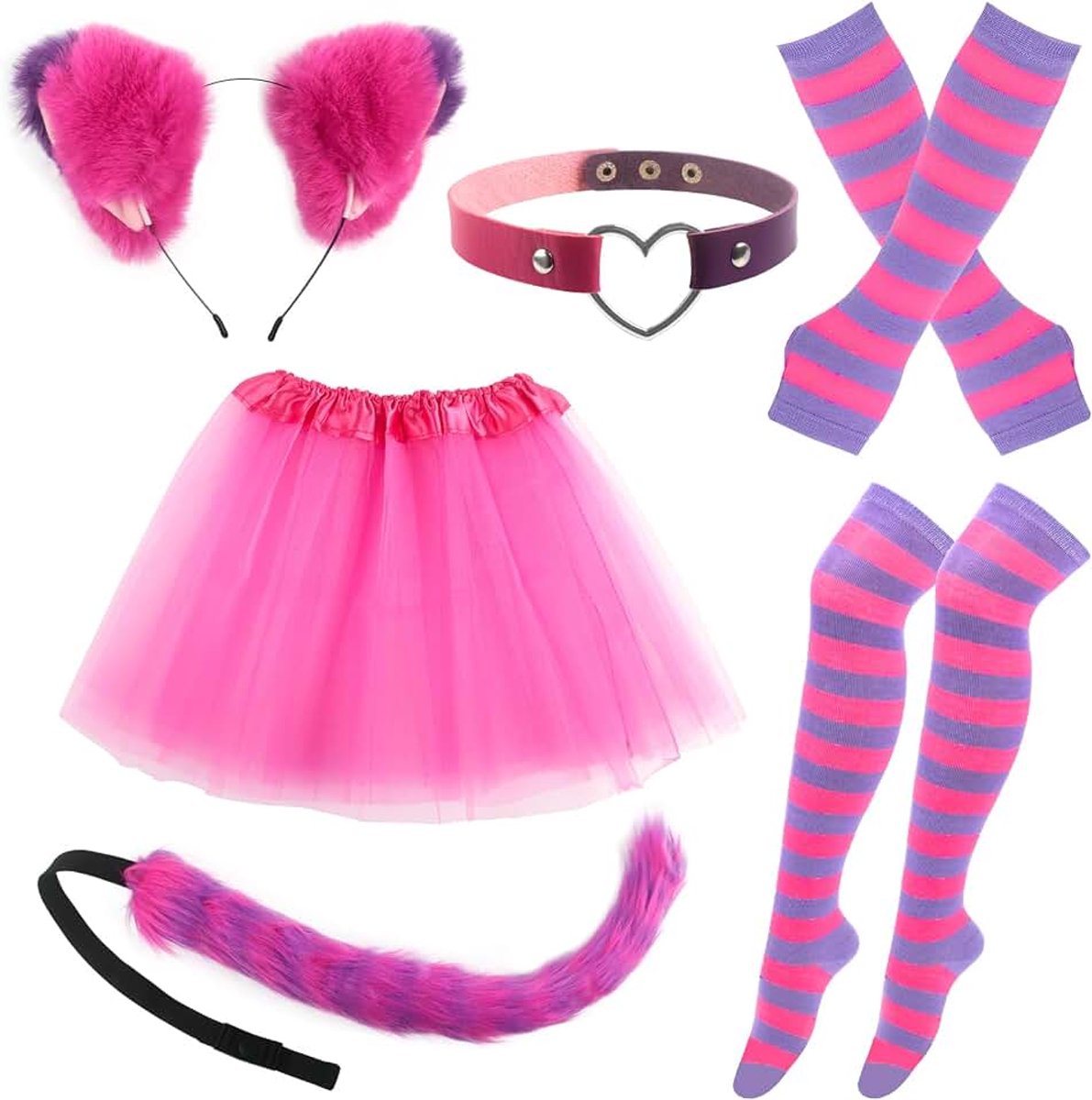 Roze en paars gestreept kattenkostuum set, kattenkostuum voor meisjes en dames kostuums cosplay carnaval