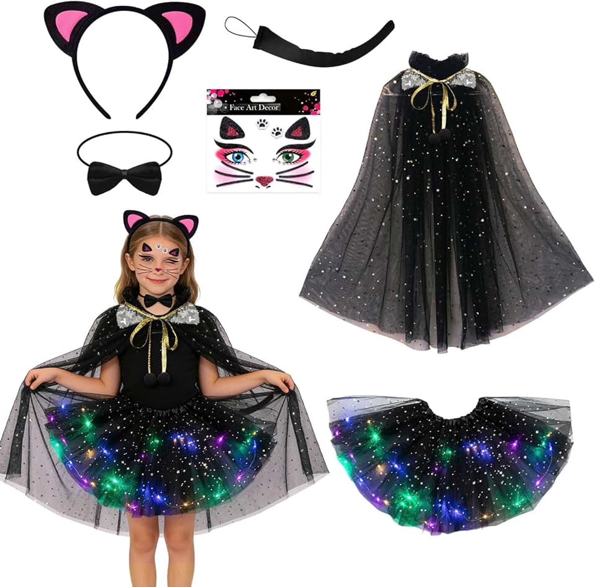 Kattenkostuum voor kinderen, kattenkostuum voor meisjes, 6-delige kattenkostuumset voor kinderen met LED-verlichte tule rok, cape, kattenoortjeshoofdband, staart, strik en gezichtsstickers, kattenkost
