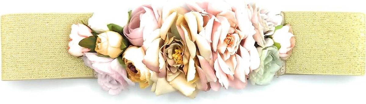 Bloemenriem voor damesjurken, elastisch, met kunstbloemen, lint goud bloemen roze, hasta talla 40