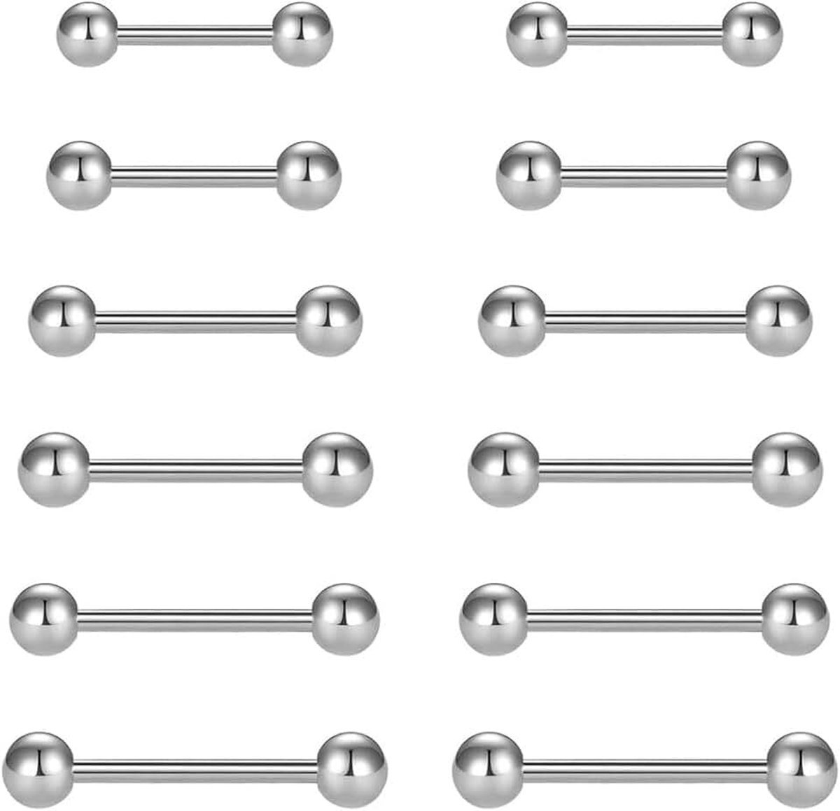 12 stuks, tepelpiercing, tongpiercing, 14G chirurgisch staal, rechte barbells, tongring, tepelring, sieraad, staafje, 8 maten, geschikt voor mannen en vrouwen