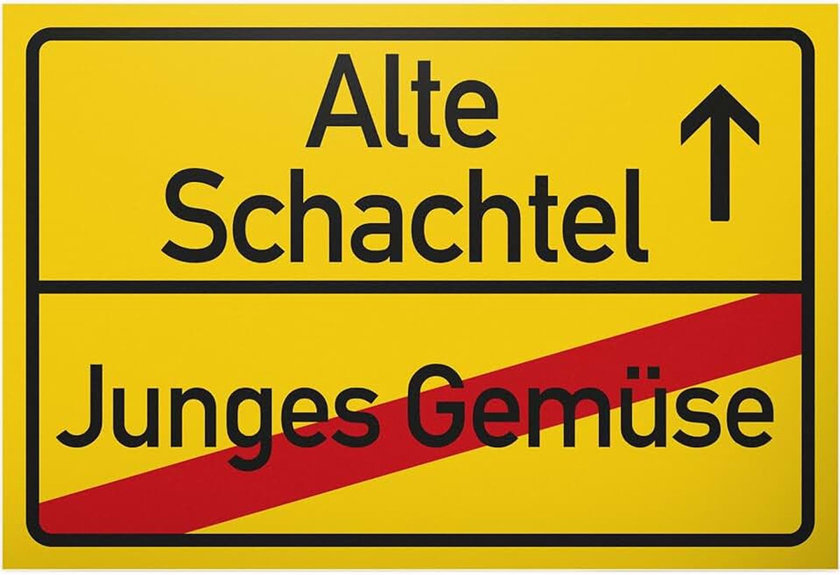 Oude doos (jonge groenten), kunststof bord geel - cadeau ronde verjaardag, cadeau-idee verjaardagsdecoratie, feestdecoratie, feestaccessoire/verjaardagskaart