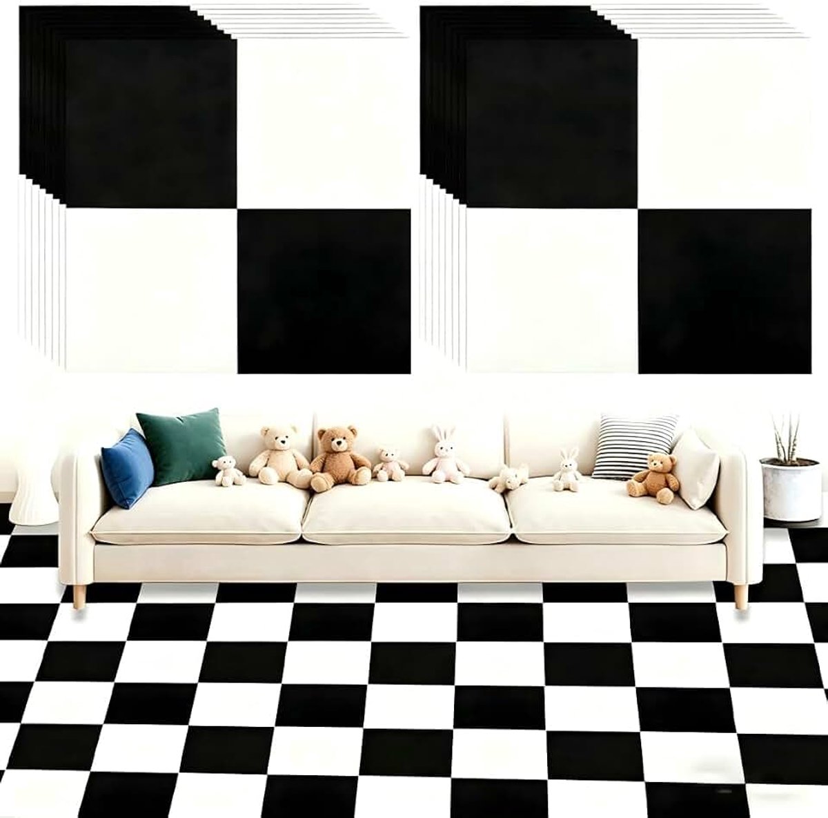 Vinylvloeren, zelfklevend, 30 x 30 cm, pvc-vloerbedekking, zelfklevende tegels, schaakbordpatroon, woonkamertapijt, geschikt voor keuken, slaapkamer, kinderkamer, woonkamer