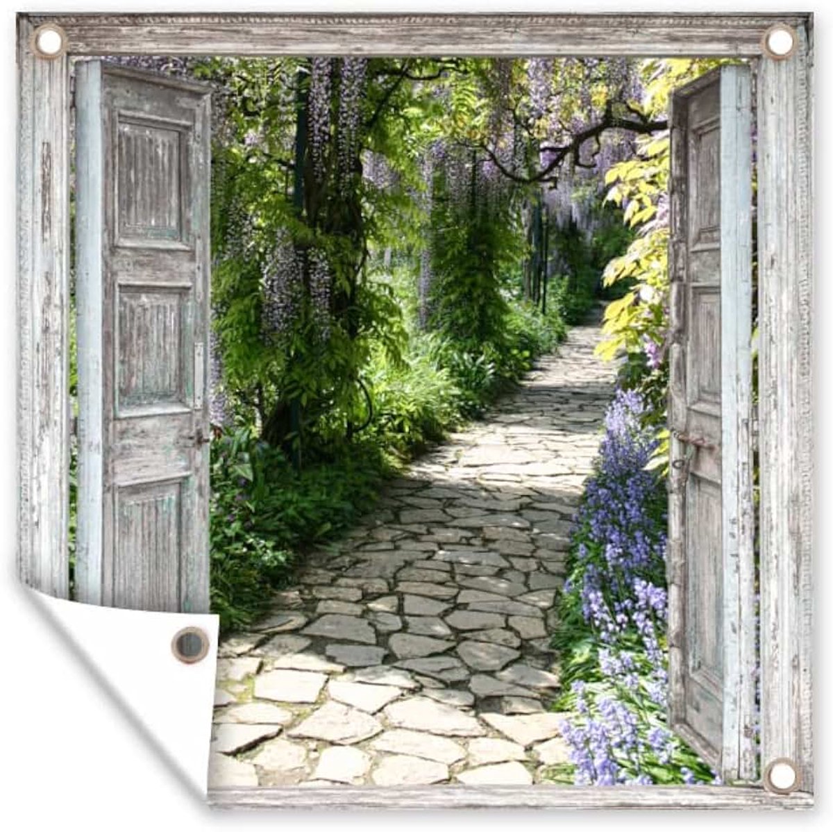 Tuinposter - 200x200 cm - Doorkijk - Bos - Stenen - Lente