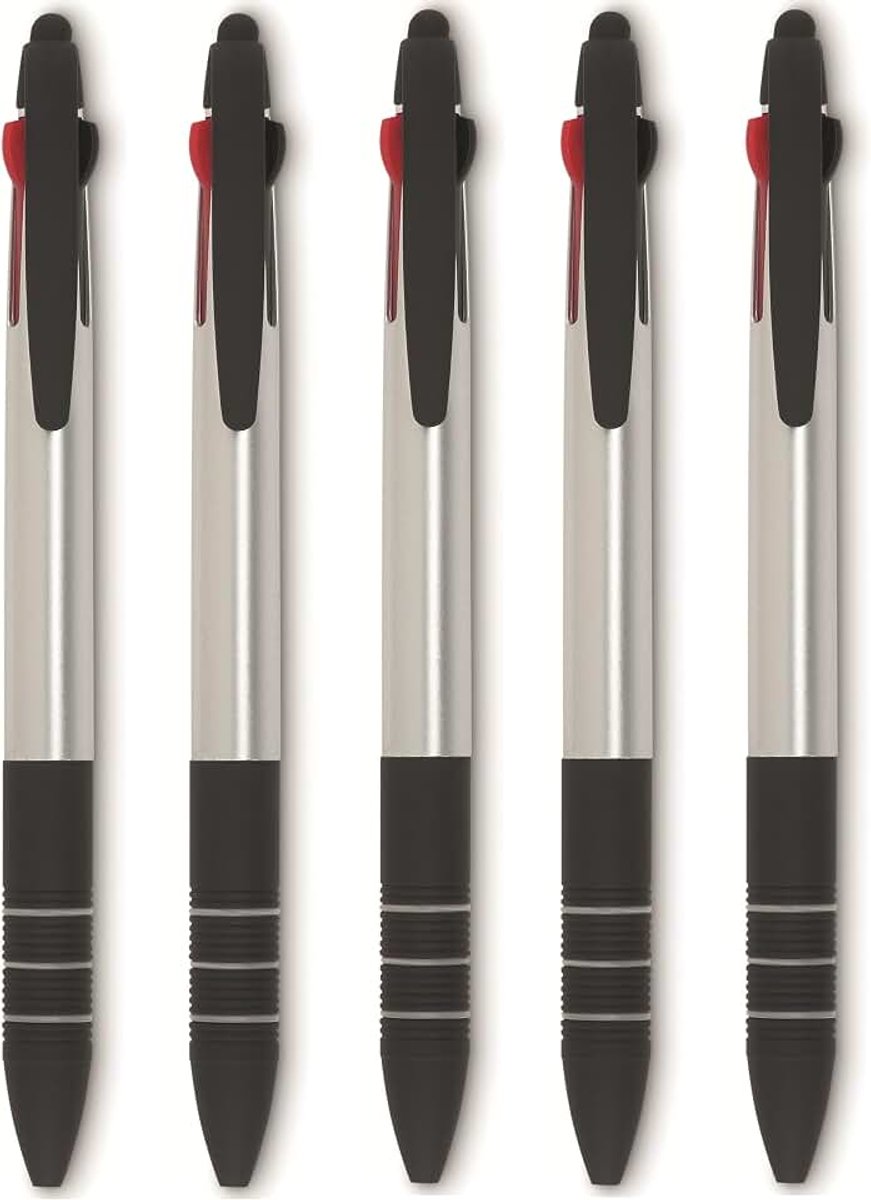 Balpennen met touchfunctie Stylo in modern zilver-zwart met schrijfkleuren blauw, zwart en rood van ABS kunststof in voordeelset