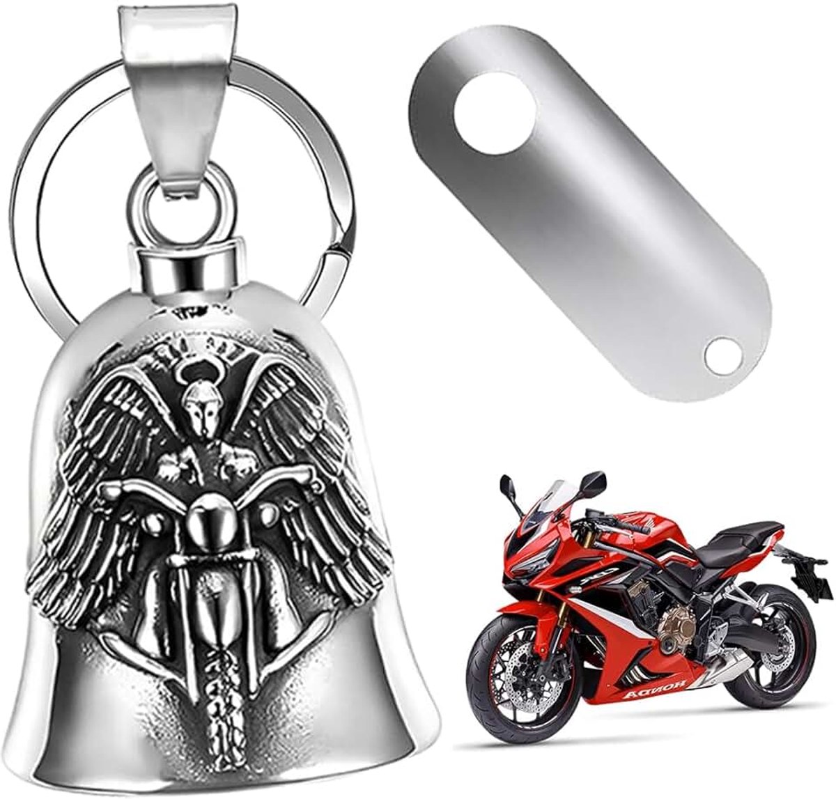 1 stuks Guardian Bell sleutelhanger, motorbel zilver oleose, motorbel, accessoires voor motorfiets, fiets, Guardian Bell bel geluksbrenger motorfiets, met hangende ring