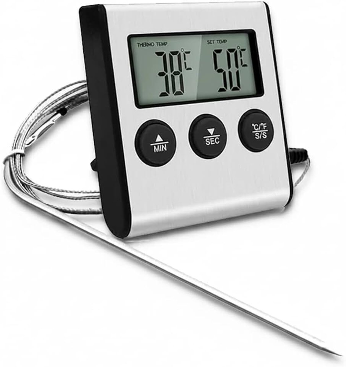 Keukenthermometer met sonde, geïntegreerde timer, digitale oventhermometer voor keuken, levensmiddelen, barbecue, vloeistoffen en olie, huishoudelijke thermometer met groot lcd-display en alarm