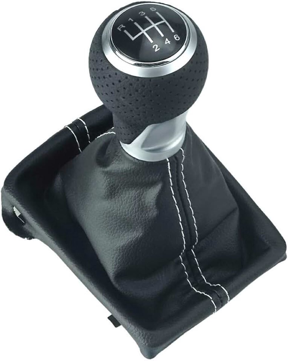 Geperforeerde schakelknop + schakelzak + frame - leer - witte naad - 6 versnellingen reserveonderdeel chroom mat look