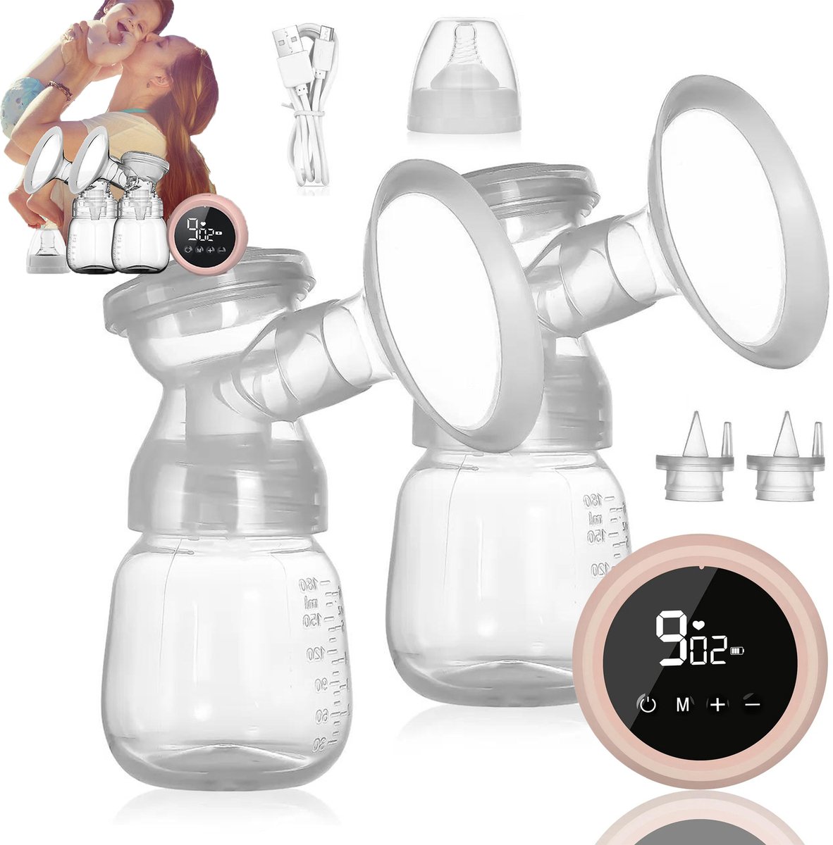 Elektrische Borstkolf - Dubbele Borstkolf - Borstkolven Draagbaar - 9 Niveaus - Anti-terugstroomontwerp - Oplaadbaar - 180ml - Siliconen & BPA-Vrij - Voor Thuis en Reizen