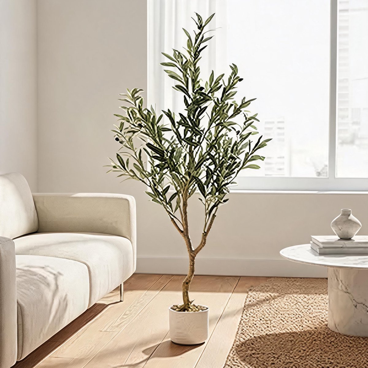 Danky Premium - 4FT Levensechte Olijfboom met 20 vruchten - cementgevulde pot duurzaam polyester voor luxe woon en zakelijke decoratie