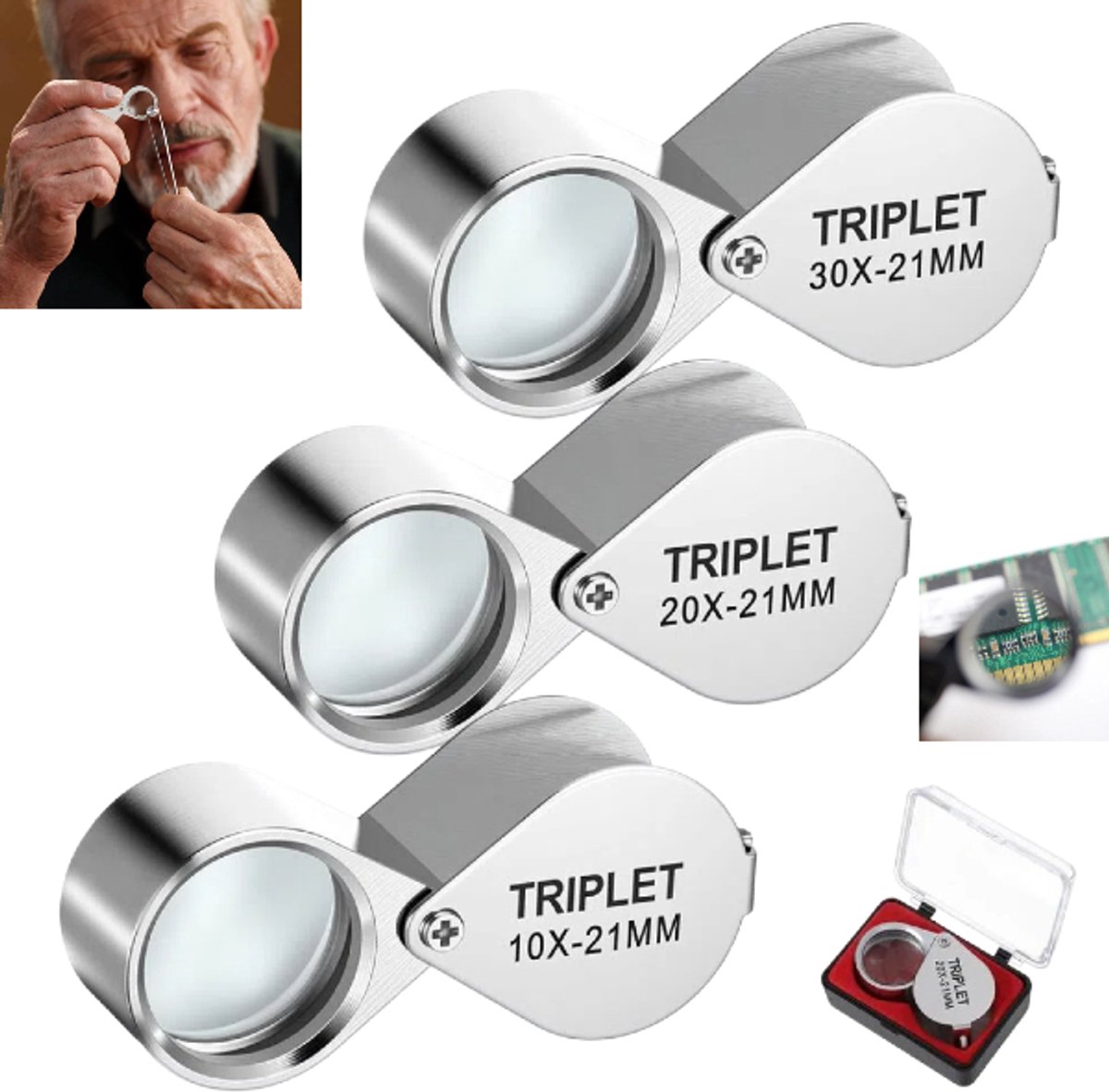 3-delige set - Vergrootglas - Sieradenvergrootglas - Opvouwbaar handvergrootglas voor in de zak - Oogvergrootglas - 10x, 20x en 30x - Zilver - Voor het opsporen van munten, diamanten, edelstenen, sieraden, postzegels en antiek