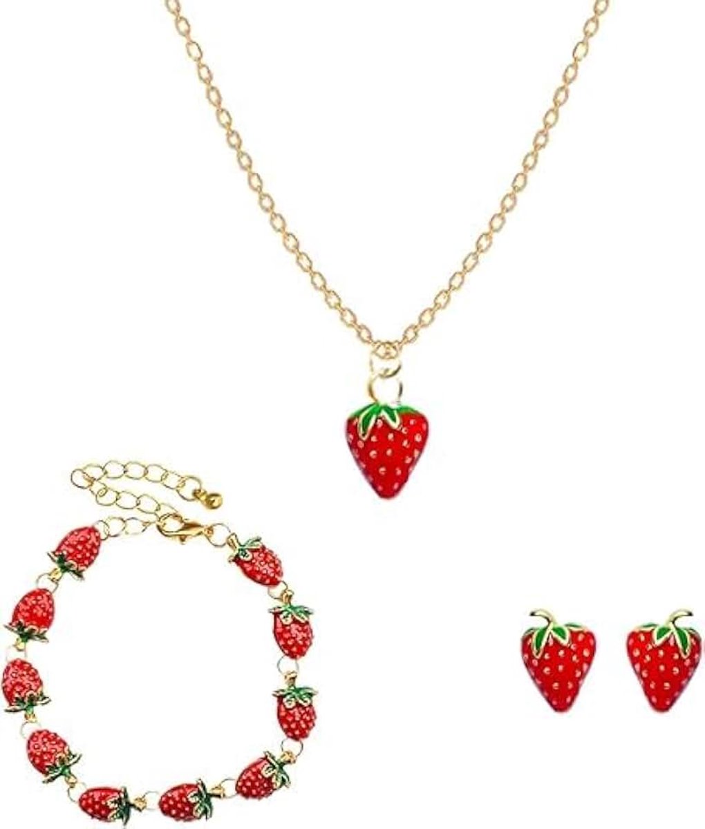 Sieradenset voor kinderen, aardbeienoorbellen, aardbeien, halsketting, oorbellen, ring, armband