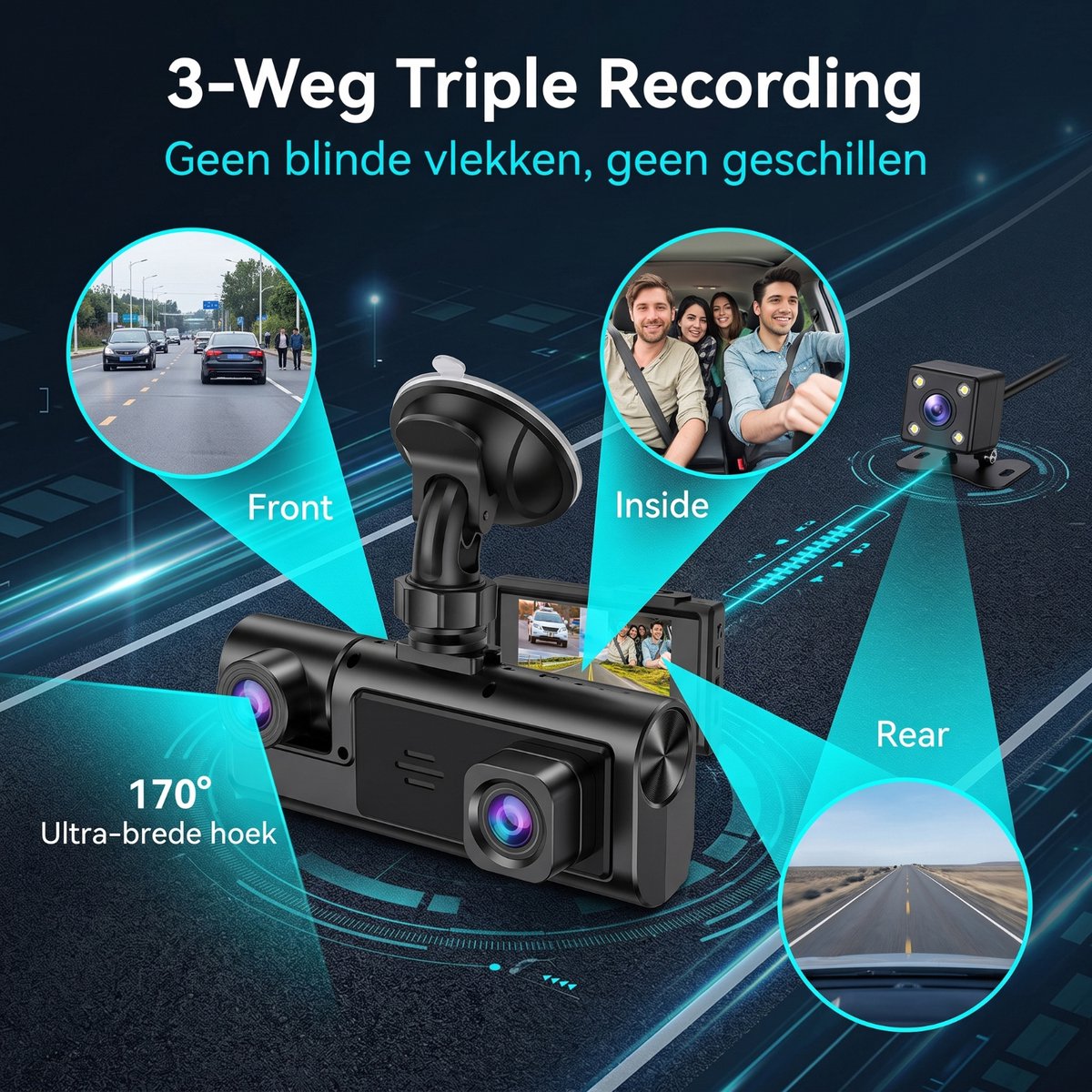 Fokelyi Dashcam Voor Auto - 1080P Drie Camera's Met Zuignap thumbnail 6