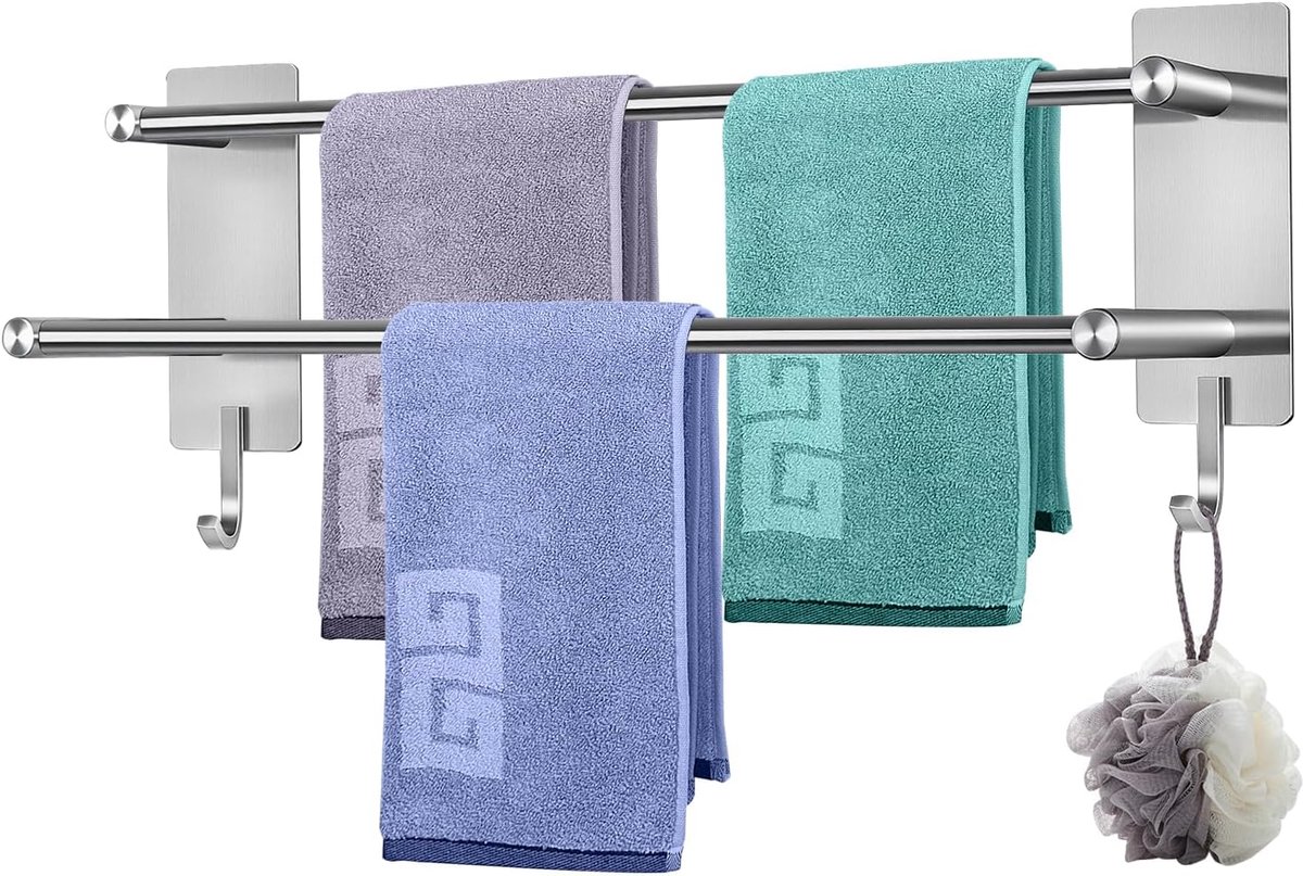 Handdoekhouder zonder boren, 60 cm handdoekhouder, zelfklevend, 2-traps handdoekstang roestvrij staal met haken, waterdicht, roest, handdoekhouder, muur voor badkamer, keuken, zilver
