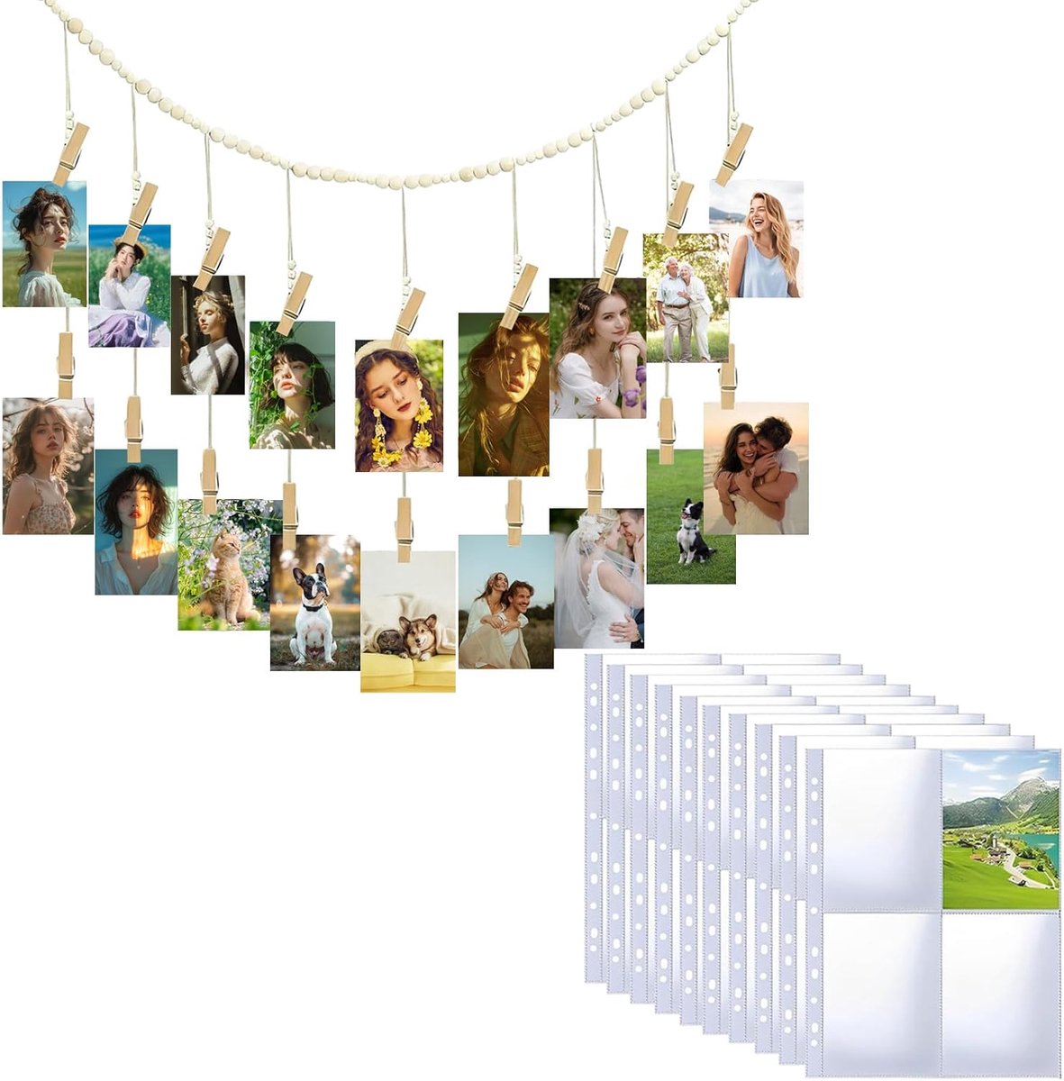Fotoguirlande met 18 houten klemmen, 115 cm lengte, fotoslinger met 10 stuks transparante ansichtkaarthoezen, A4 fotohoezen voor verjaardag, bruiloft, feest, jubileum, decoratie, fotobanner