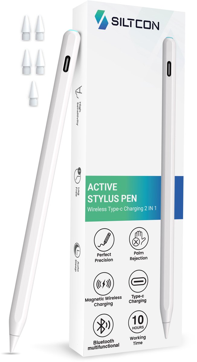 Siltcon® Stylus Pen Pro - Geschikt voor iPad 2018-2026 - Palm Rejectie - Magnetisch & USB-C Oplaadbaar - 5 Extra Punten & Luxe Opberghoes