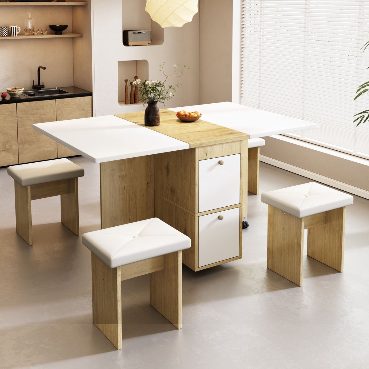 Eettafelset - complete set met 1 eettafel en 4 stoelen - tafel 120 x 80 x 75 cm - spaanplaat - wit, eiken - voor keuken of eetkamer