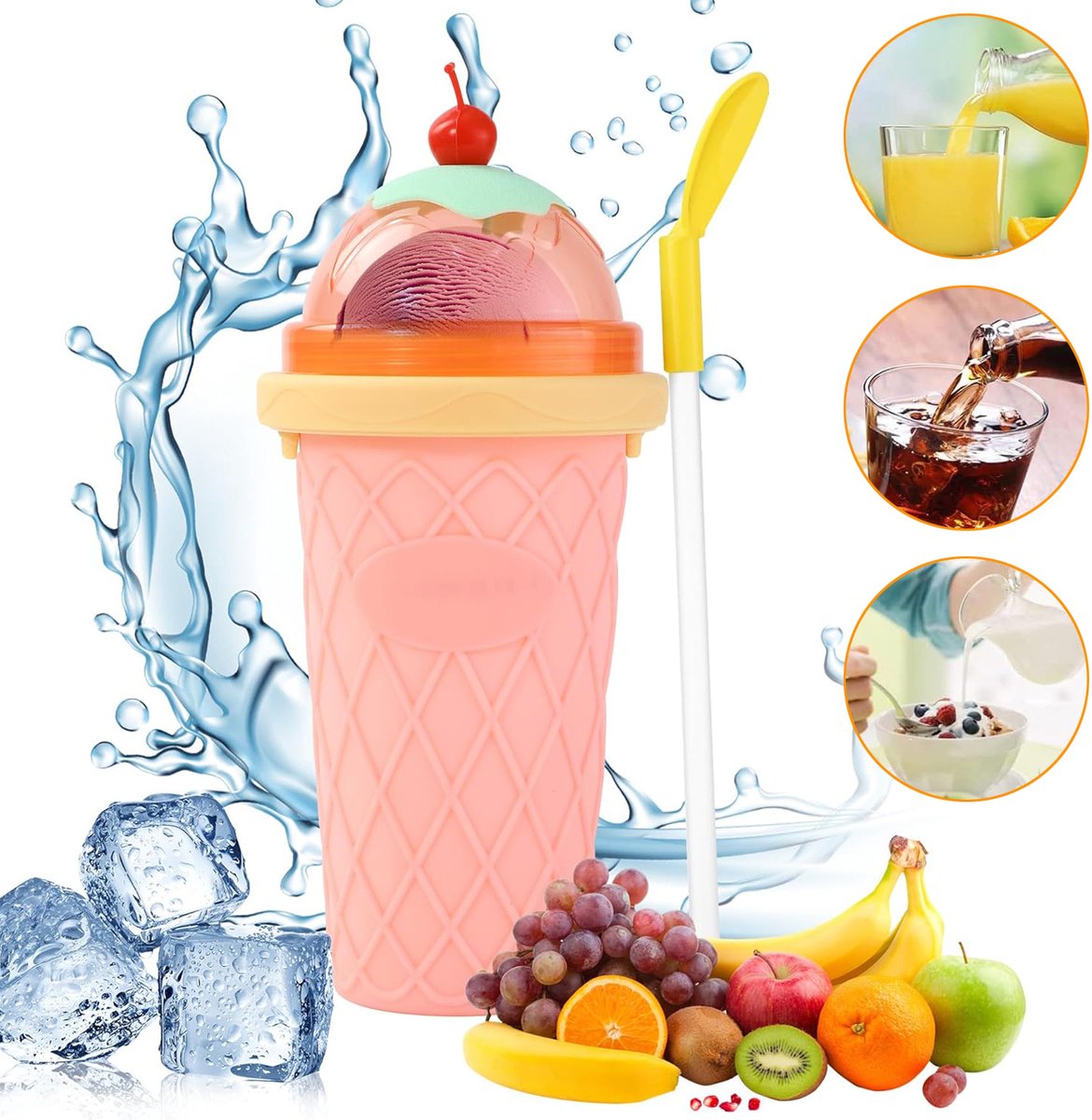 Slushy Cup - Slush-Ijsmachine - Huisgemaakte Smoothiebeker - Bevroren Drankbeker - Met 2-In-1 Rietje En Lepel Borstel
