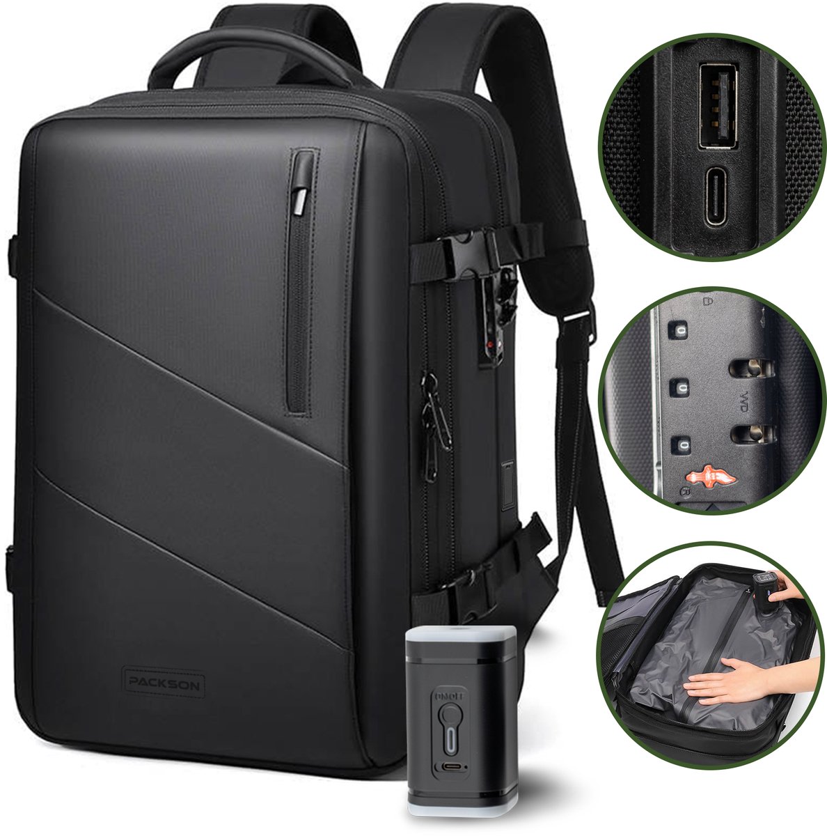 Packson® Vacuüm Rugzak - Handbagage - Reistas - Uitbreidbare Waterdichte Rugzak - 35L - Weekendtas - Inclusief Vacuumpomp - USB oplaadpoort - Dames en Heren - Zwart