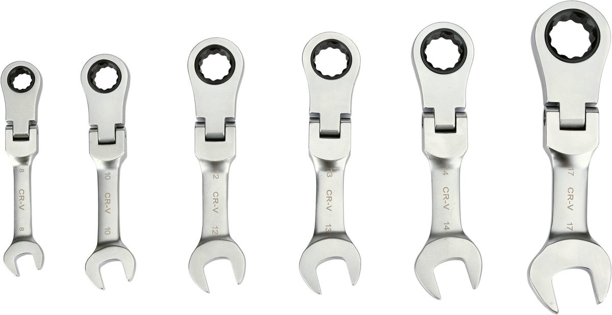 6-Delige Korte Steek-Ratel-Sleutelset met Kantelbare Kop – 90-Tands – Chrome-Vanadium Staal – AS-Drive Profiel – Maten 8 t/m 17 mm