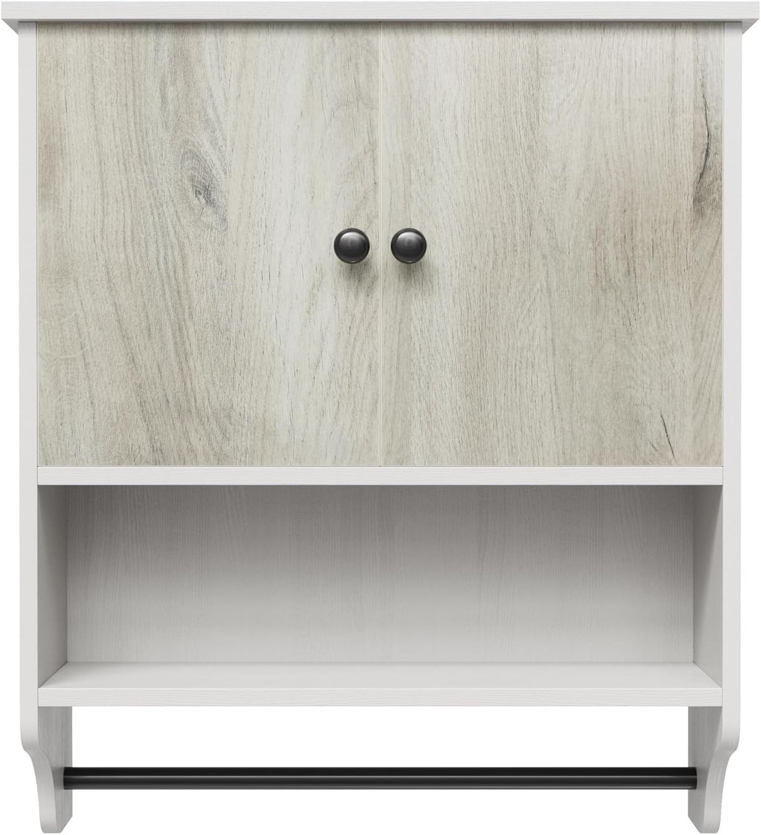 Modern Wandkastje voor Badkamer of Entree - Hangende Badkamerkast met 2 Deuren - Toiletkast met Verstelbare Plank, Open Vak en Handdoekstang - Vochtbestendig MDF - Wit/Zwart met Houtlook